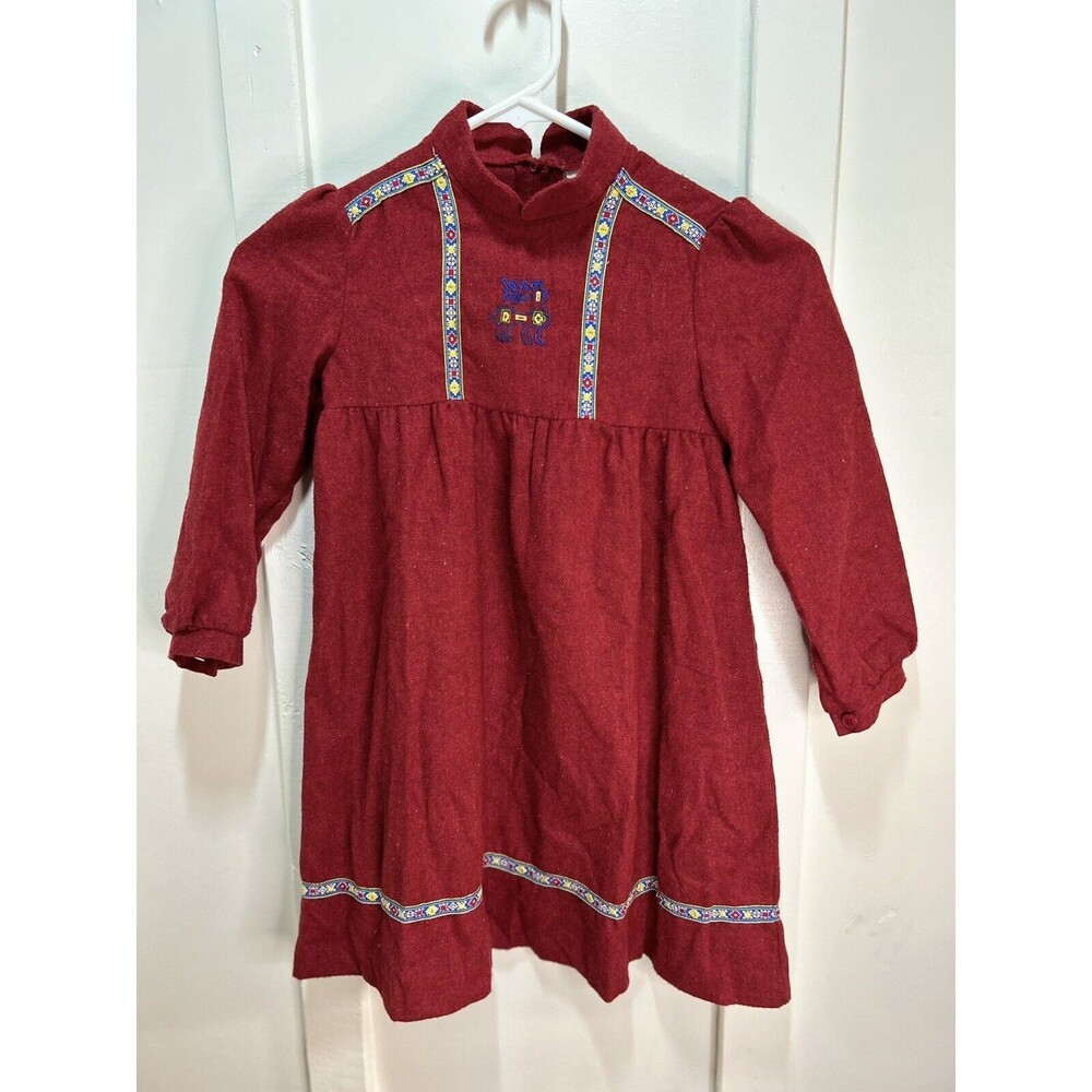Vintage Girls Wool Dress Embroidered Made In France Red Size 6